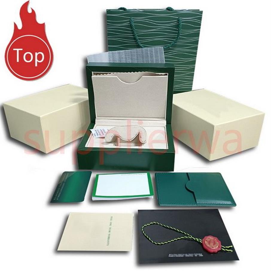 HJD Luxury High Quality Green Watch Box Cases Pappersväskor Certifikat Originallådor för träkvinna Mens Watches Presentväskor Access218e