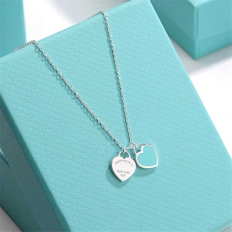 Iovo Designer Tiffanyset Pendentif Colliers Haute Edition t Accueil Émail Double Coeur Collier 925 Sterling Argent Amour Bleu Rose Rouge Collier En Forme De Coeur Chaîne Li