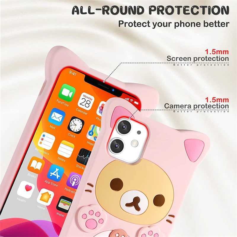 Чехлы для мобильных телефонов Мягкий силиконовый чехол с 3D милым мультяшным розовым медведем Kawaii для IPhone 14 13 11 15 Pro Max 12 Mini XS XR X 8 7 Plus SE 2020 Funny CoverL240105