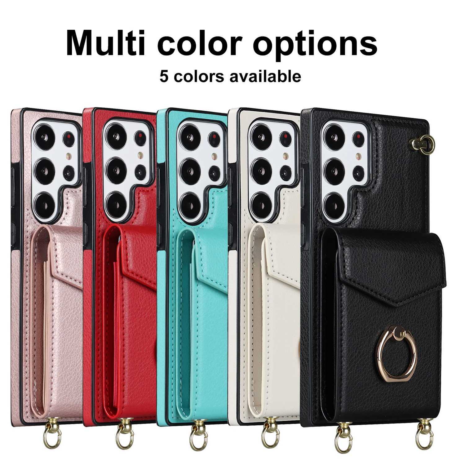 Cell Phone Cases Ring Stand Crossbody Case For Samsung Galaxy S21 S20 FE S23 S22 Ultra Plus RFID Blocking Organ Card Holder Lanyard Leather CoverL240105