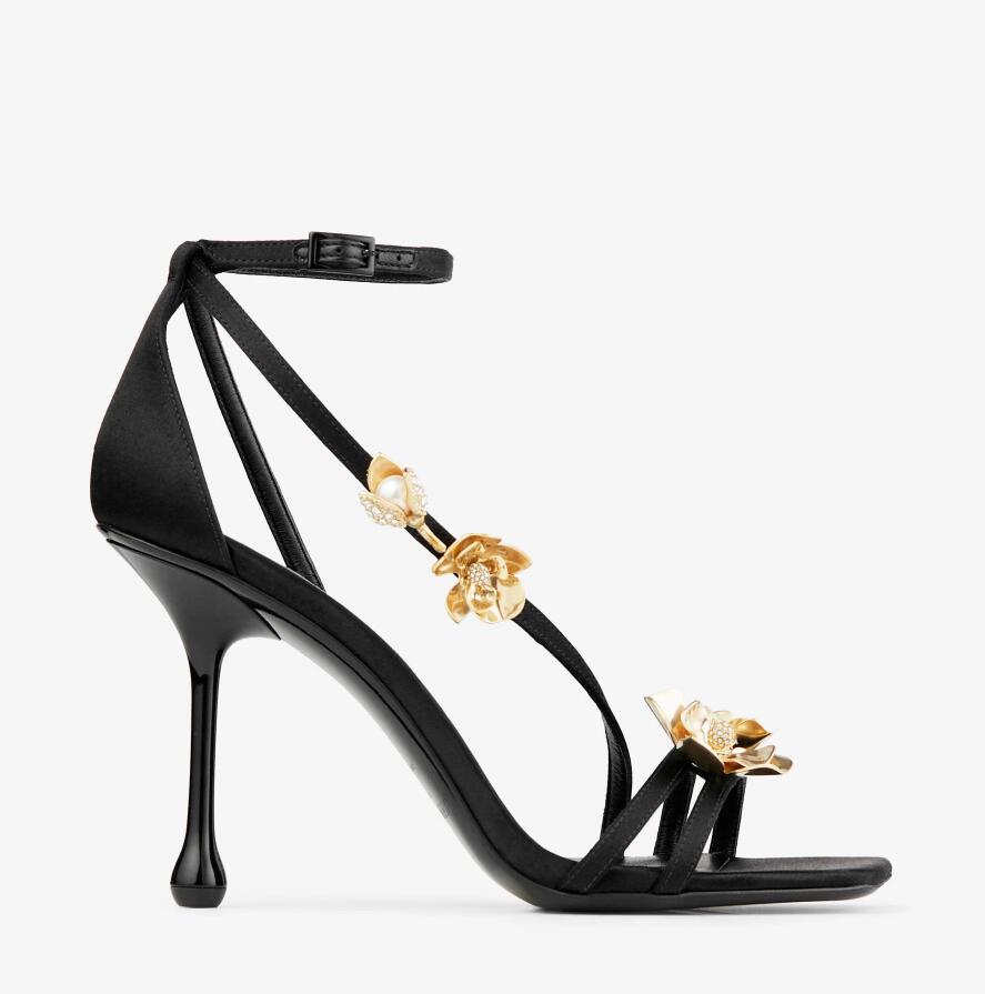 Summer Popular Women Zea Sandals Shoes !! Luxurious Brand Metal Flowers Pumps Square Toe Women High Heels Black Satin Wedding,Party,Dress,Evening