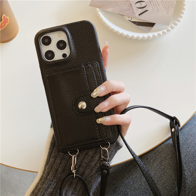 Shoulder Strap Litchi Grain Leather Folio Phone Case for iPhone 15 Plus 14 13 12 11 Pro Max XR XS Lanyard Multiple Card Slots Lychee Pattern Wallet Bracket Back Cover