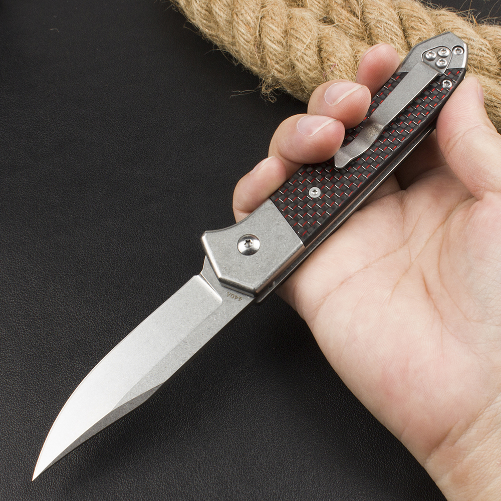 BK1093 Auto Tactical Folding Knife 440A Stone Wash Blade Steel Carbon Fiber Handle Outdoor Survival EDC Pocket Knives