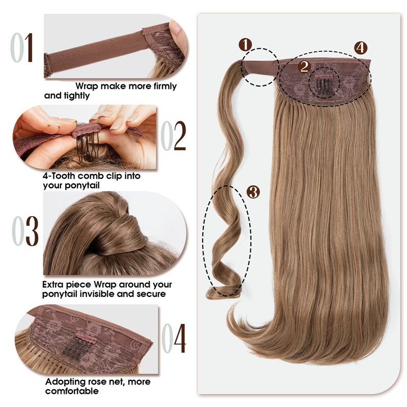 Wavy 17 -calowe przedłużenie kucyka Syntetyczna włosa z owinięciem wokół klipsa dla kobiet Dodaj objętość i styl do włosów