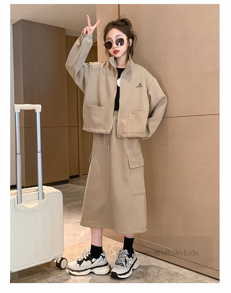 2024 Spring old girls casual clothes sets big kids zipper long sleeve outwear big pocket long skirt teenagers outfits Z6610