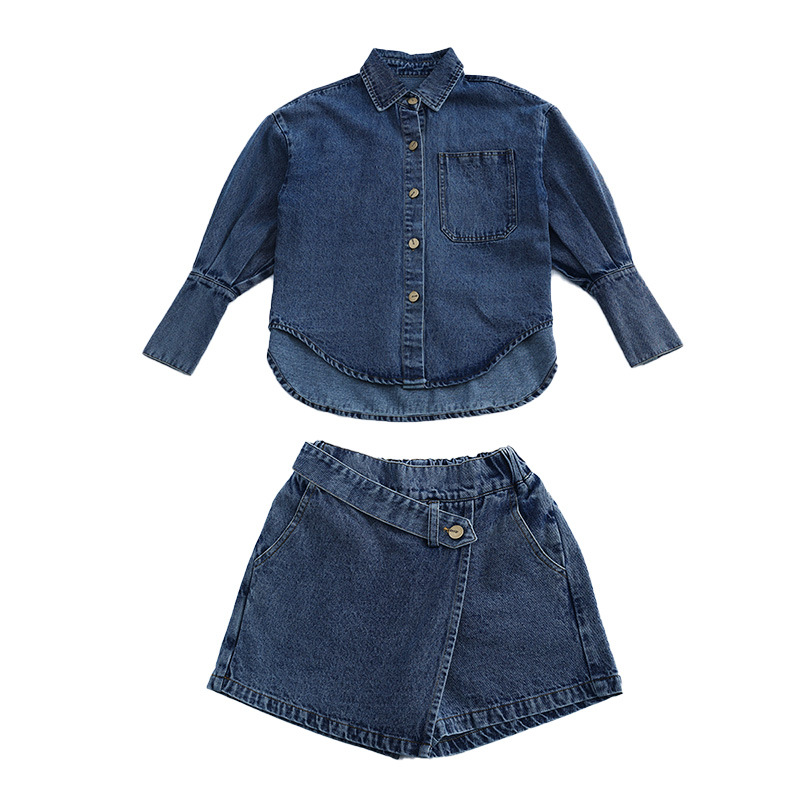 Big Girls Denim Ubrania Zestawy nastolatków Lapel Long Sleeve z nieregularną spódnicą z wysokim poziomem 2024 Spring Old Kids Soft Cowboy Outfits Z6606