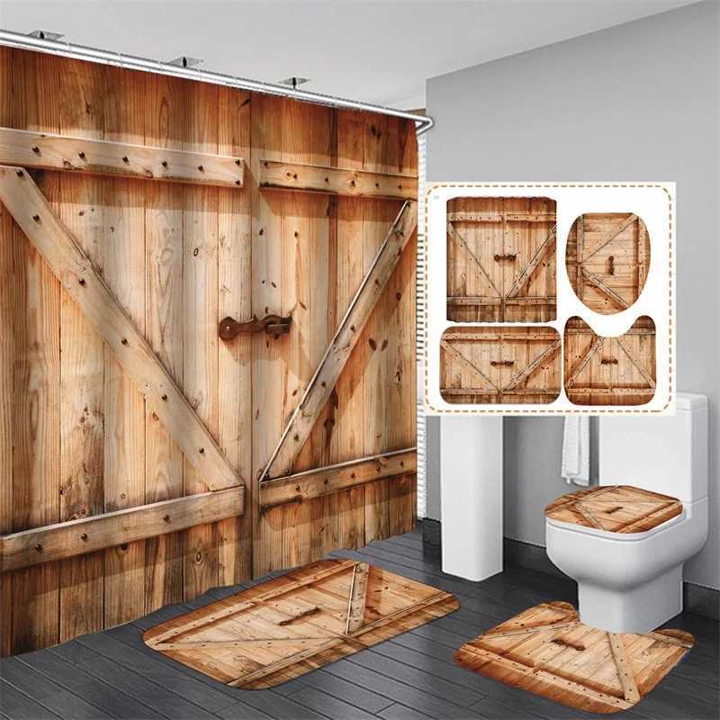 Rideaux de douche Ensemble de rideaux de douche rustiques porte de grange en bois ferme pays occidental tapis couverture de toilette tapis de bain décor ensemble de rideaux de salle de bain