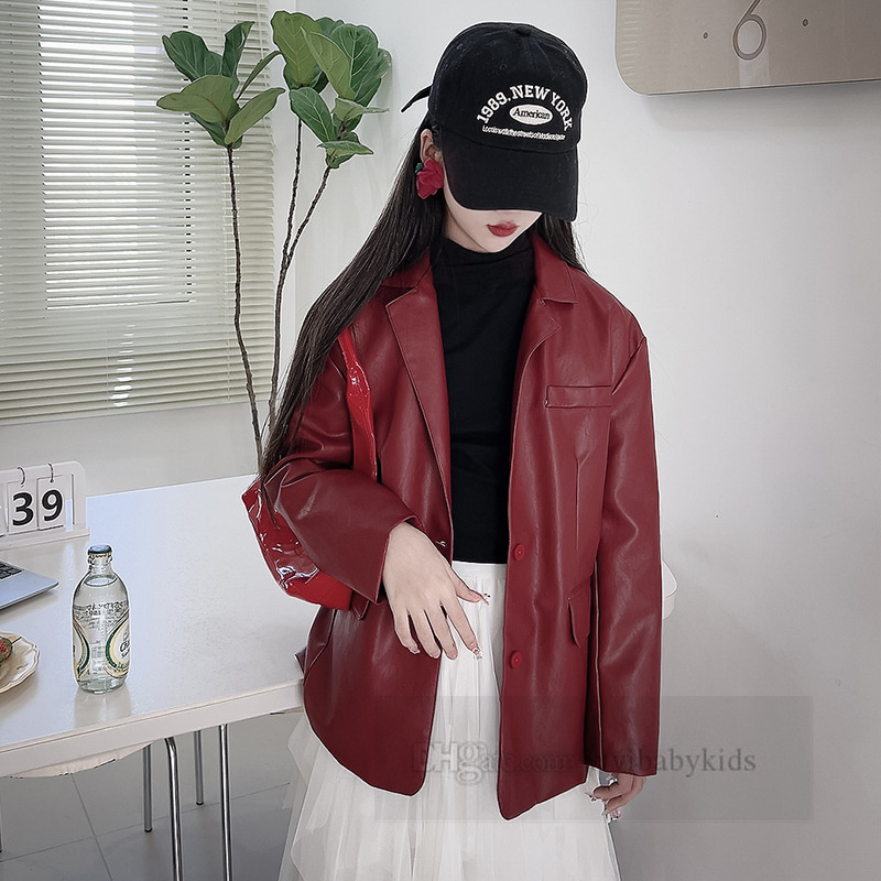 Old girls PU leather trench coat old kids lapel single breasted long sleeve outwear 2024 spring teenagers all-matching casual outwear Z6604