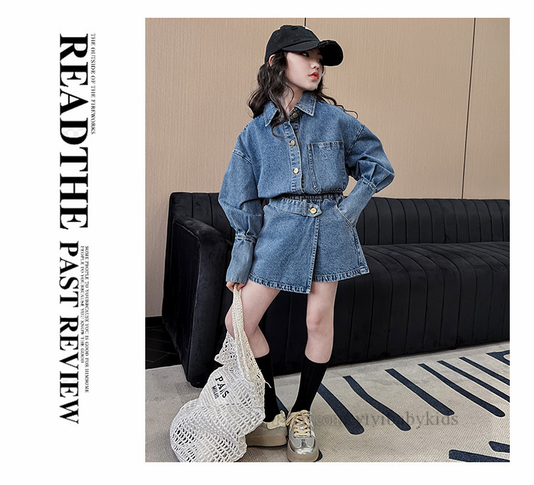 Big Girls Denim Ubrania Zestawy nastolatków Lapel Long Sleeve z nieregularną spódnicą z wysokim poziomem 2024 Spring Old Kids Soft Cowboy Outfits Z6606