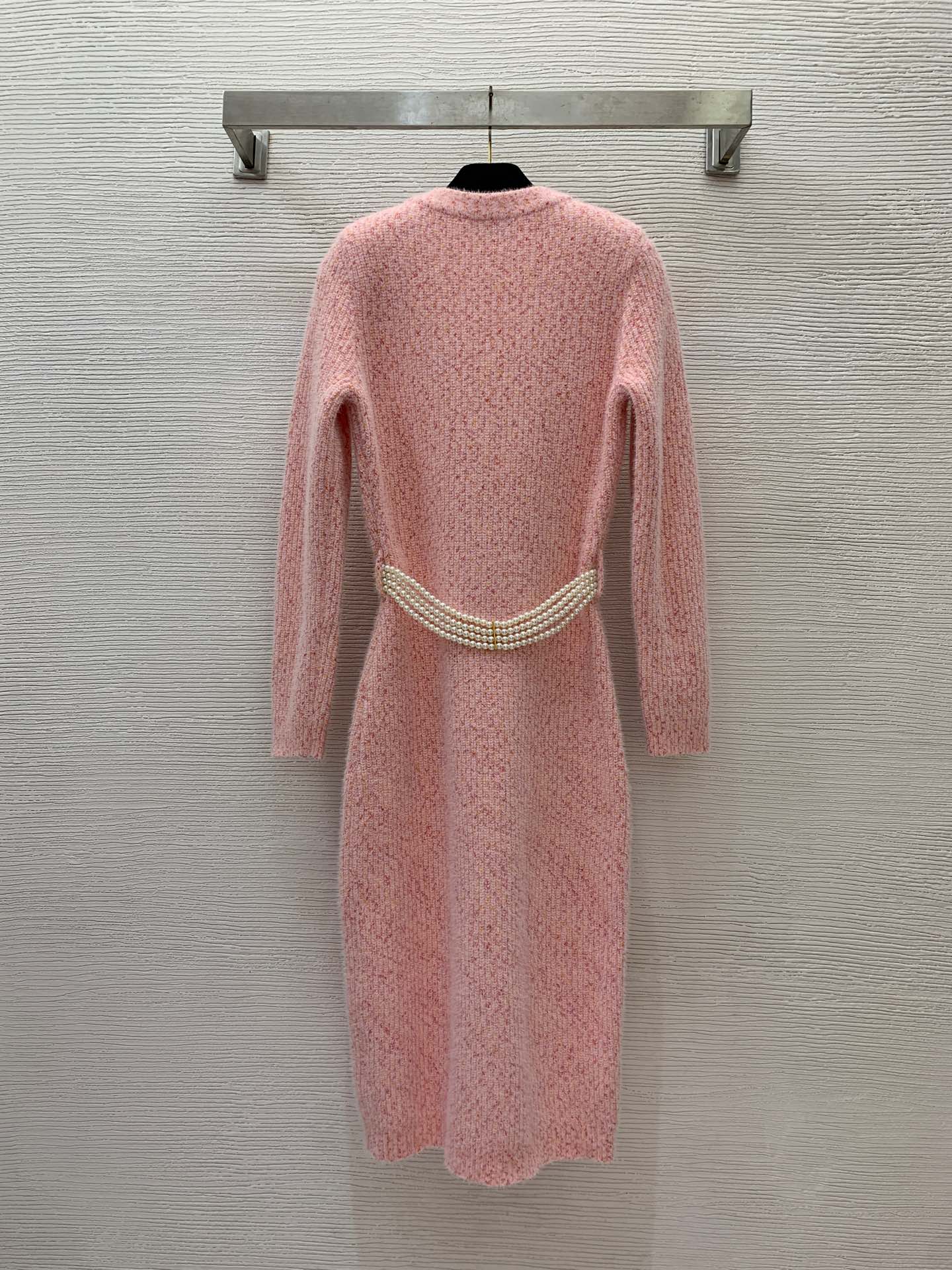 Vestido de punto con cinturón, Color rosa, primavera 2024, manga larga, cuello en V, bolsillos dobles, vestidos informales de un solo pecho B4J09
