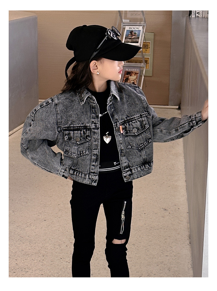 Big girls short denim jacket old kids lapel single breasted long sleeve casual outwear 2024 spring teenagers hole zipper leggings pants Z6599