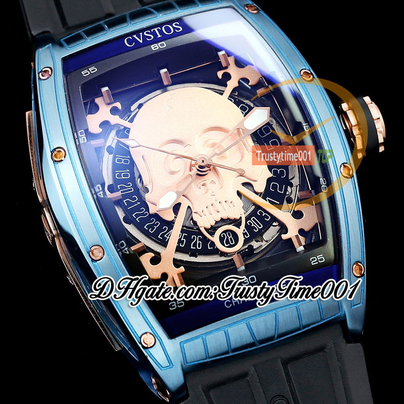 CVSTOS Challenge Pride of Turkey Automatic Mechanical Mens Watch DLC Blue Steel Skeleton Dial Rubber Strap Limited Edition Hombre Wristwatches TrustyTime001