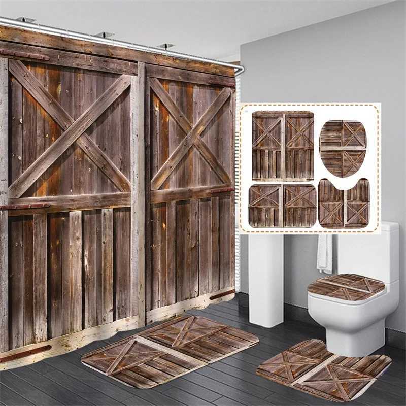 Rideaux de douche Ensemble de rideaux de douche rustiques porte de grange en bois ferme pays occidental tapis couverture de toilette tapis de bain décor ensemble de rideaux de salle de bain