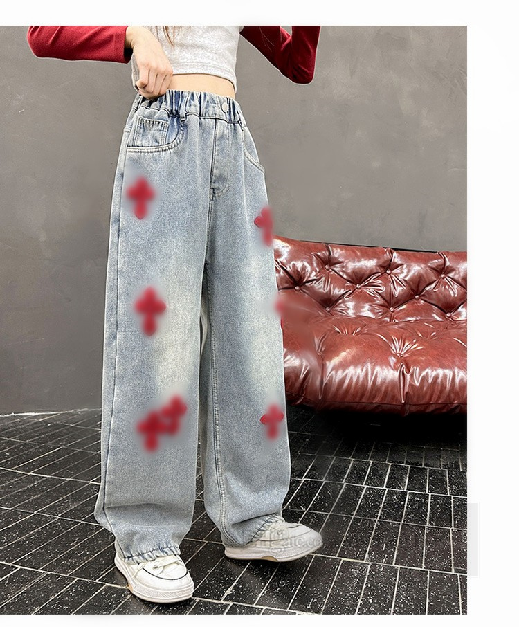 Stora flickor blommor handduk broderi jeans barn raka breda ben byxor 2024 vår tonåringar lösa casual cowboy byxor z6601