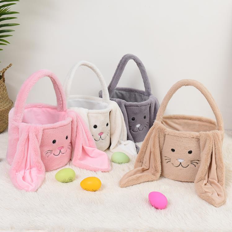 Panier de lapin de Pâques festif à longues oreilles floues, seau de lapin confortable en peluche, sac de rangement pour œufs de Pâques, sacs fourre-tout pour jouets de bonbons pour enfants SN4256