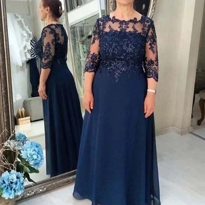 Vestidos largos de gasa azul marino oscuro para madre de la novia, cuello redondo, medias mangas, mujeres elegantes, vestidos de fiesta para ocasiones especiales, vestido de invitados de boda hasta el suelo de talla grande CL3190