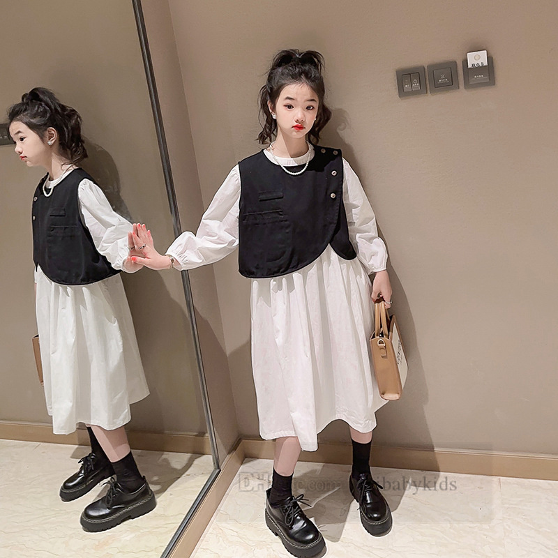 2024 primavera adolescentes conjuntos de roupas meninas grandes vestido manga longa com fivela diagonal colete 2 pçs crianças velhas roupas princesa z6593