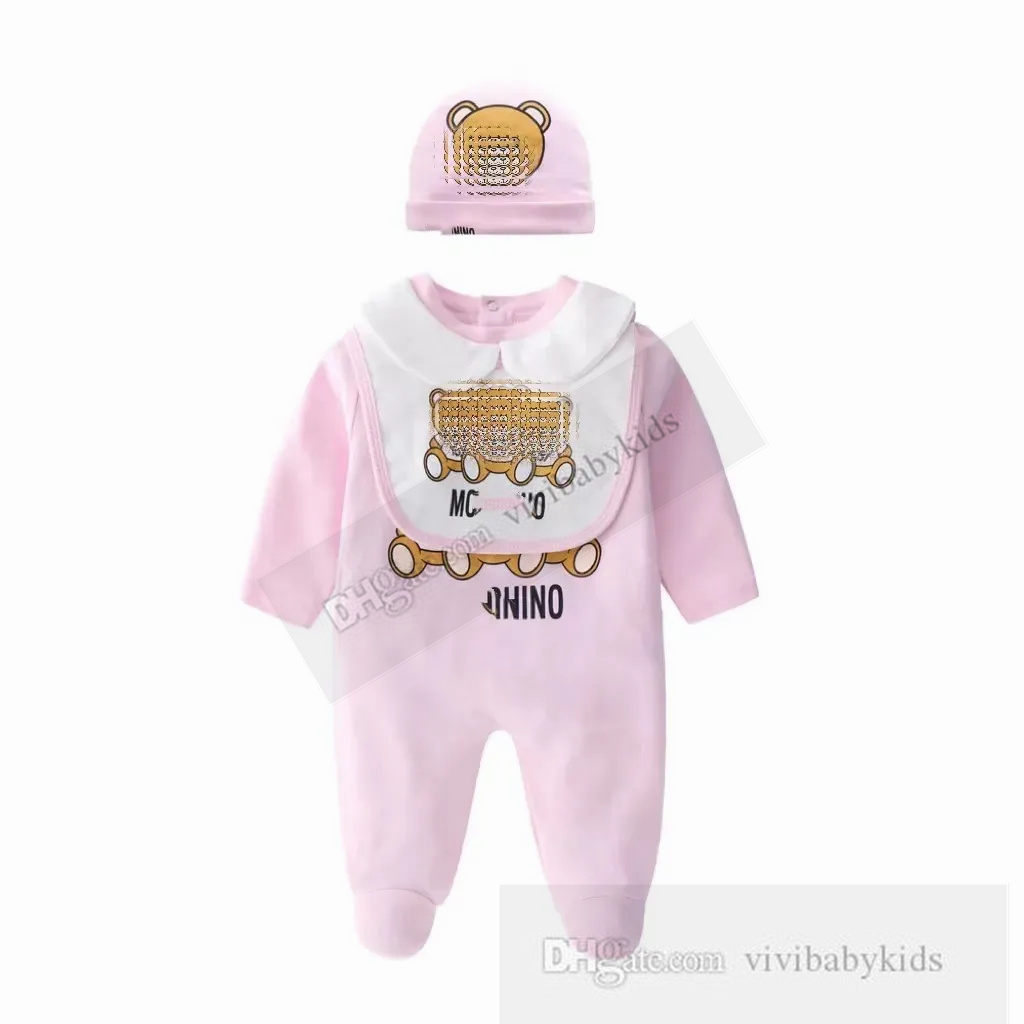 Ins baby love hjärtan tecknad björn rompers spädbarn flickor brev tryckt lapel långärmad jumpsuits med hattar mode småbarn barn bomull klättra kläder s1005