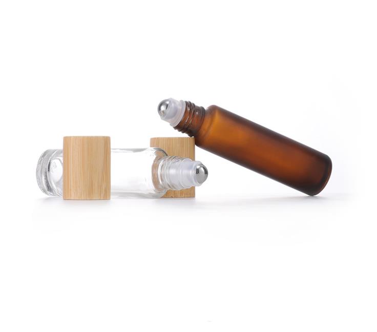 Bouteilles en verre à rouleau de 10ml, bouteille de parfum d'huile essentielle d'ambre givré avec capuchon en bambou, boule roulante en acier inoxydable SN4255