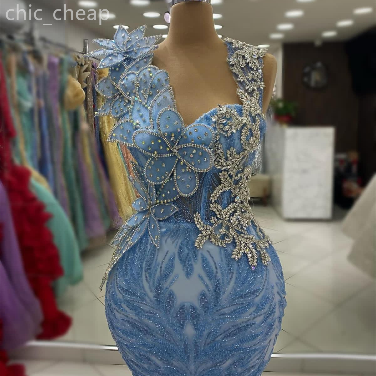 2024 Aso Ebi Sky Blue Mermaid Prom Dress تم ترحيل البلورات المسائية المسائية الرسمية الحزب الثاني استقبال عيد ميلاد فساتين رداء De Soiree Zj420