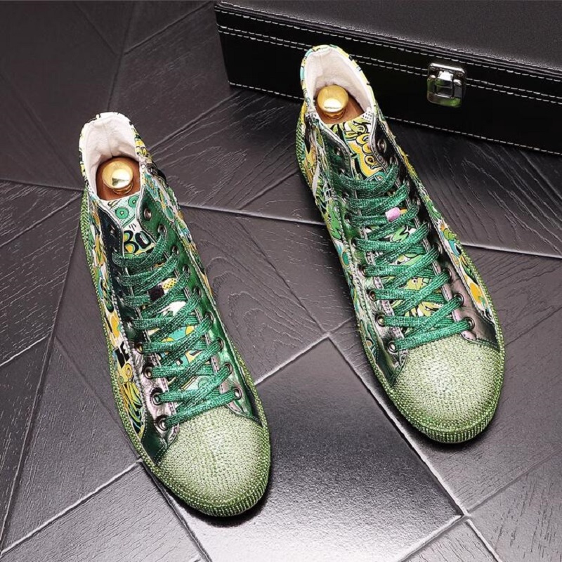 Zielony srebrny nadruk rhinestone mężczyźni płaskie buty hip-hop punkowe topy trampki swobodne buty za deski zapatillas hombre 10a30