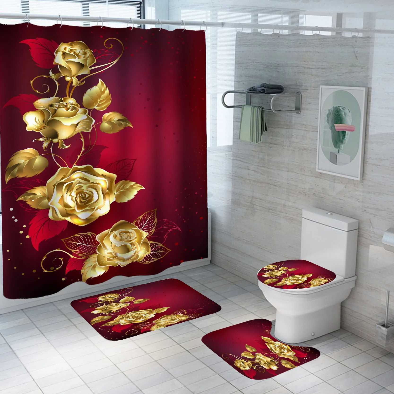 Tende da doccia Blu lucido Rosa dorata Set di tende da doccia impermeabili Tappetino WC Tappetino da bagno antiscivolo Tappetino da bagno Decorazioni natalizie San Valentino