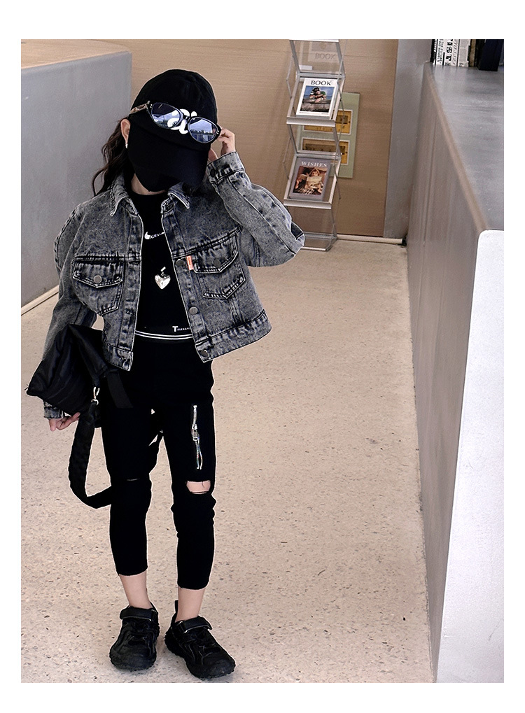 Big girls short denim jacket old kids lapel single breasted long sleeve casual outwear 2024 spring teenagers hole zipper leggings pants Z6599