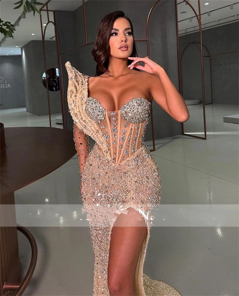 Luxury Champagne Evening Dresses For Black Girls Beaded Sequined Birthday Party Gowns HIgh Slit Long Prom Dresses Robe De Bal