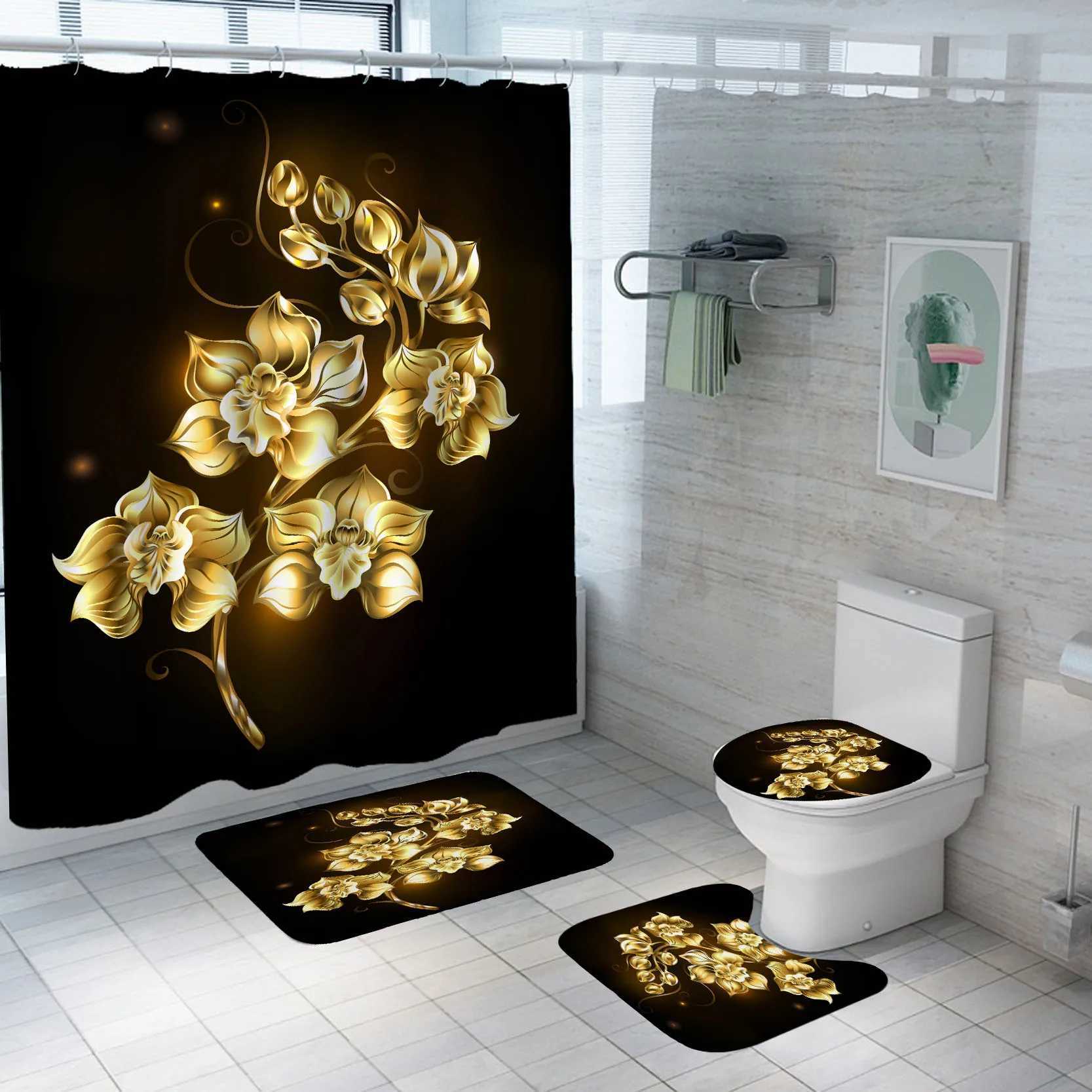 Rideaux de douche Blue rose doré étanche rideau de douche de douche de toilette de toilette tapis de bain non glissade