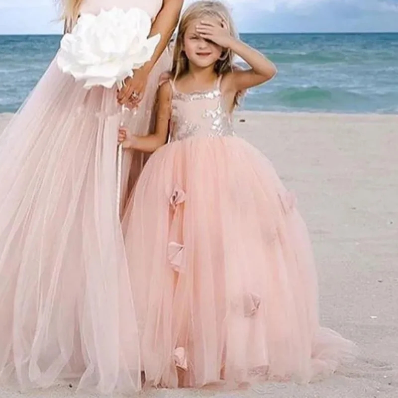 Vestidos de menina de flor de tule rosa claro para casamento alças finas flores 3D vestido de baile de princesa para meninas ocasião formal de aniversário vestido de primeira comunhão CL3181