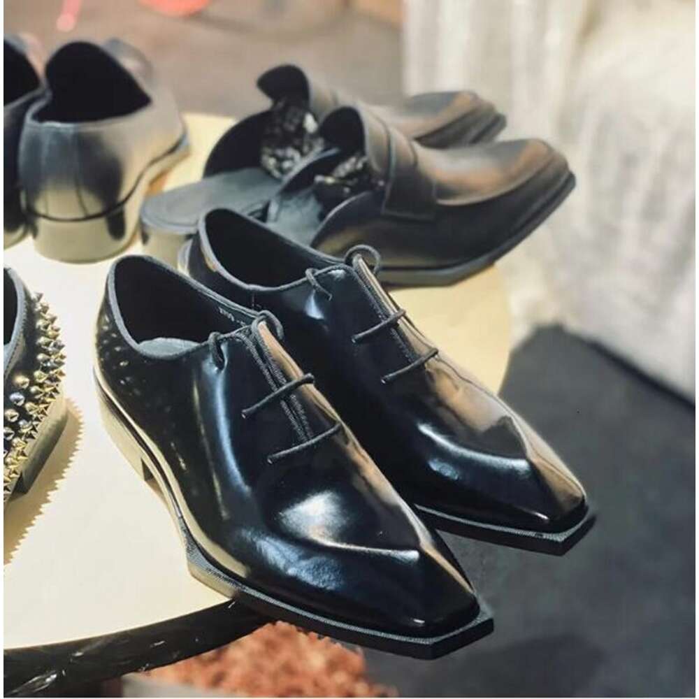 Chaussures habillées à bout carré et talon plat en cuir de vache pour hommes, Oxfords, chaussures d'affaires formelles, mocassins faits à la main