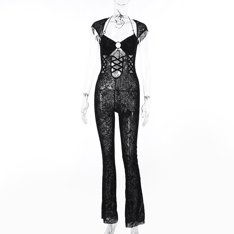 2024 Designer Sexy Hollow Out Macacões Mulheres Bodycon Lace Macacões Bandage Profundo Pescoço Ver Através de Leggings Night Club Wear Atacado Roupas 10509