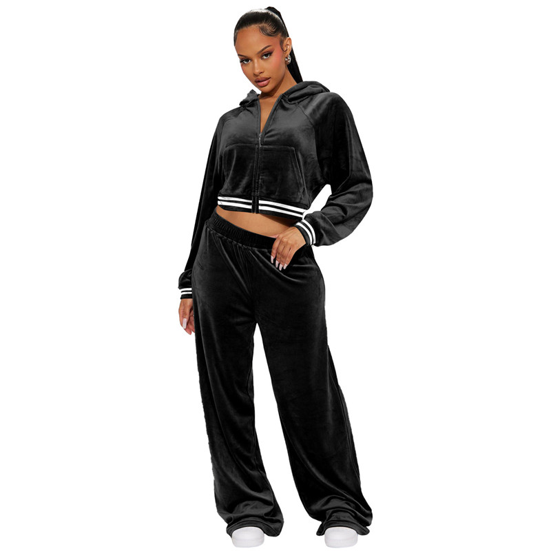 2024 Designer Velvet Tracksuits Mulheres Outono Inverno Sweatsuits Manga Longa Jaqueta Com Capuz e Calças de Perna Larga Dois Conjuntos de Peças Casual Outftis Roupas por Atacado 10525