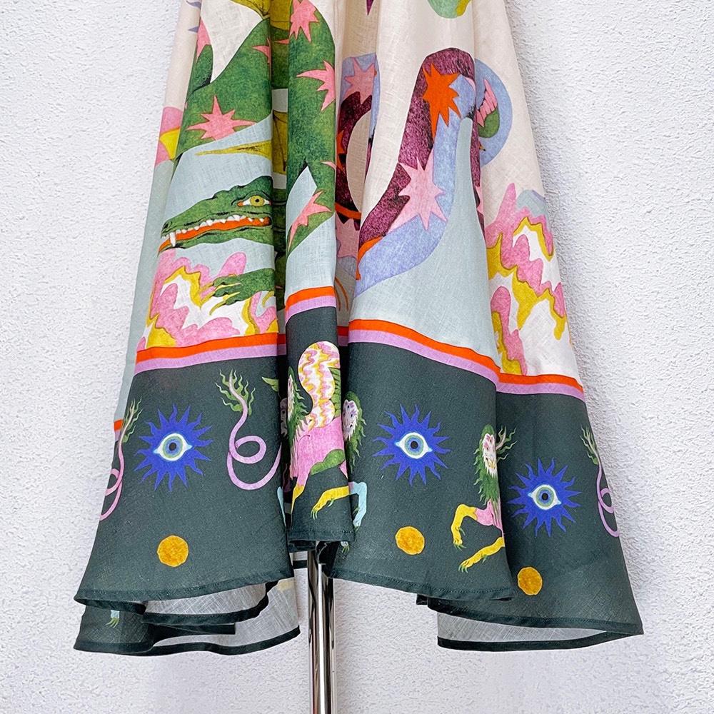 1.9 Tatil Yüksek Bel Keten Çiçek Baskı Spagetti Kayışı Eğik Çöp Boyun Kolsuz Moda Uzun Elbise Kadınlar