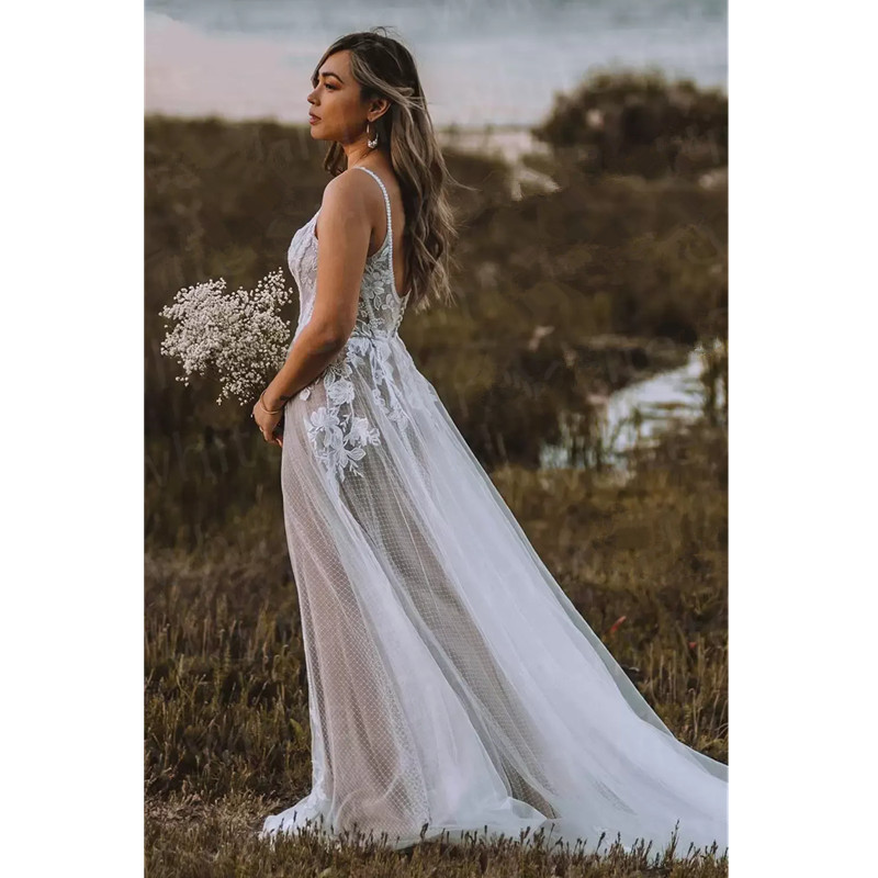 Boho Ülke Gelinlik Gelinlik Spagetti Kayışları Bir Çizgi Tül Dantel Aplike Süpürme Tren Özel Yapımı Artı Boyut Vestidos De Novia Yd