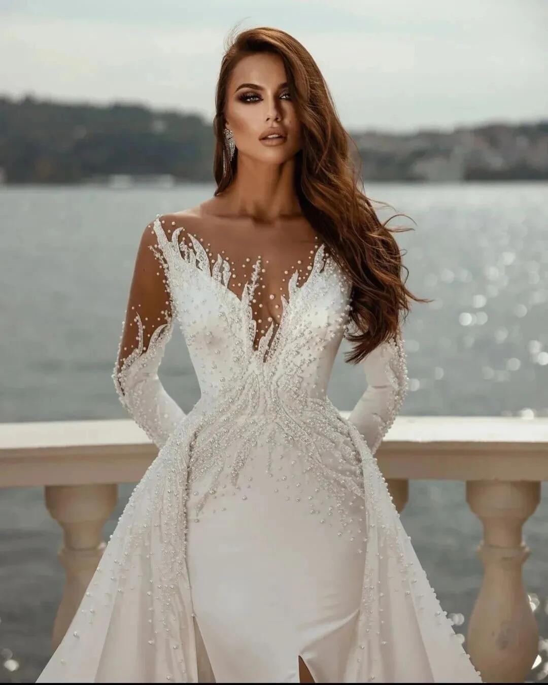 Fashion Pearl Mermaid Wedding Dresses Sequin Bridal Gowns Detachable Train Long Sleeve Side Split Sweep Train Vestido De Novia
