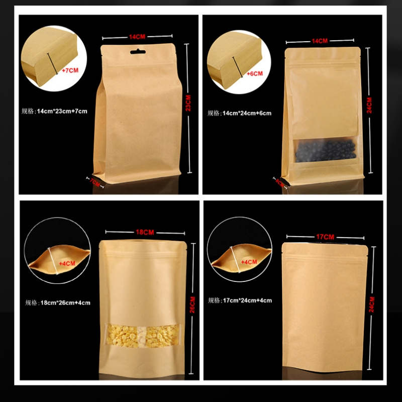 Sacos de embalagem de papel Kraft branco Octogonal Janela transparente Bolsa à prova de cheiro para biscoitos de alimentos Lanche Erva seca Feijão de café Chá Frutas secas Nozes Núcleos Armazenamento de sementes