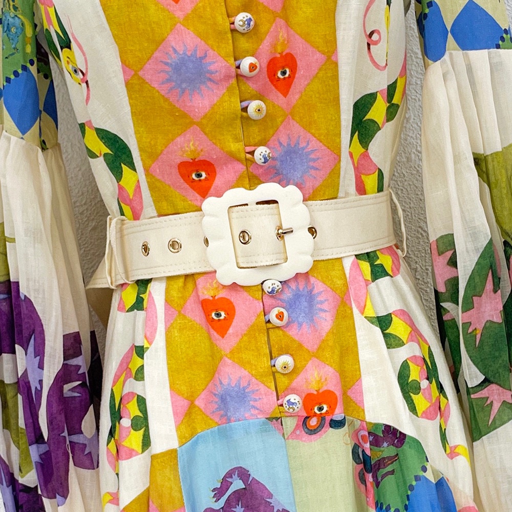 1.9 Vakantie linnen patchwork Ramee bloemenprint lantaarn mouw met riem enkele rij knopen verzamelen taille lange jurk dames