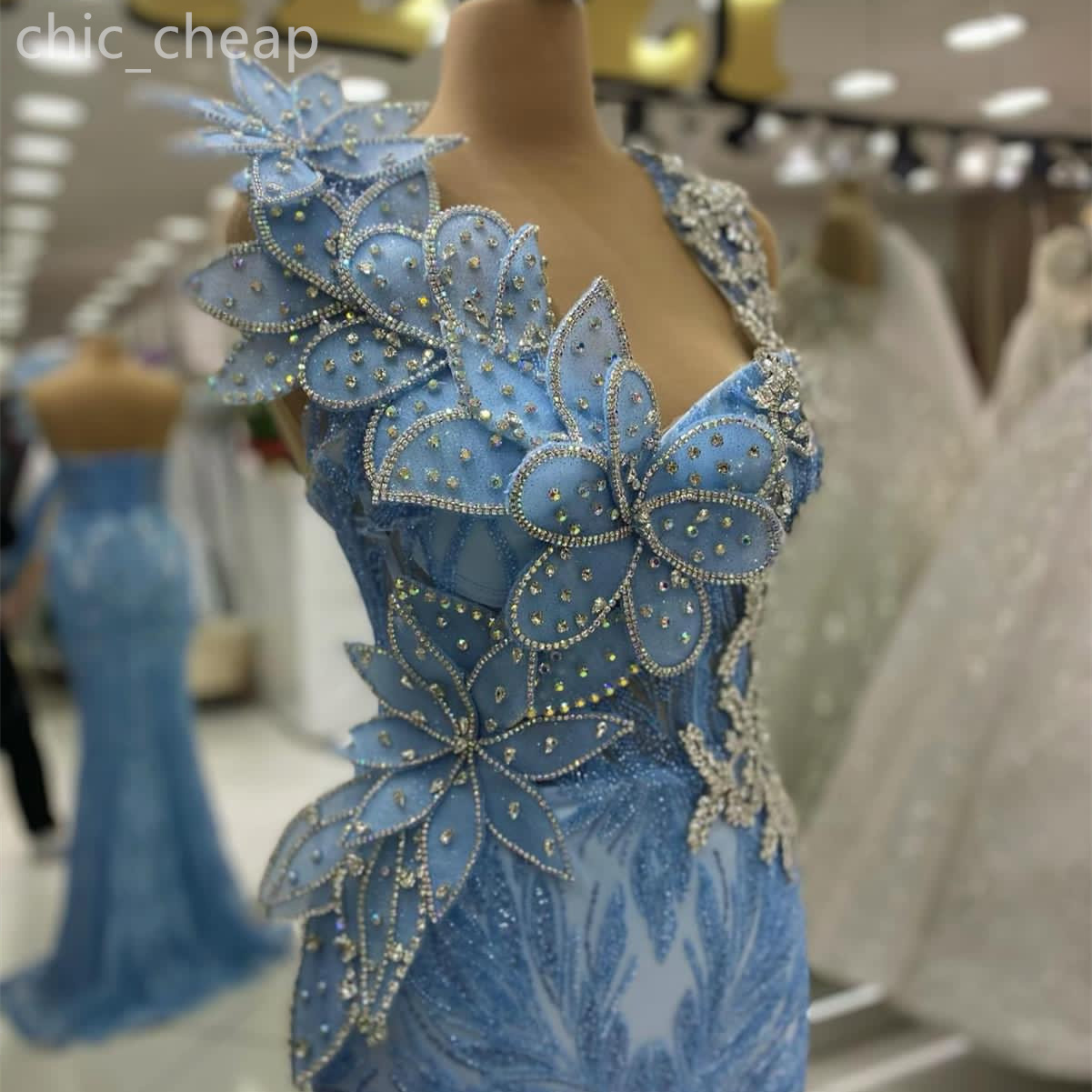 2024 Aso Ebi Sky Blue Mermaid Prom Dress تم ترحيل البلورات المسائية المسائية الرسمية الحزب الثاني استقبال عيد ميلاد فساتين رداء De Soiree Zj420