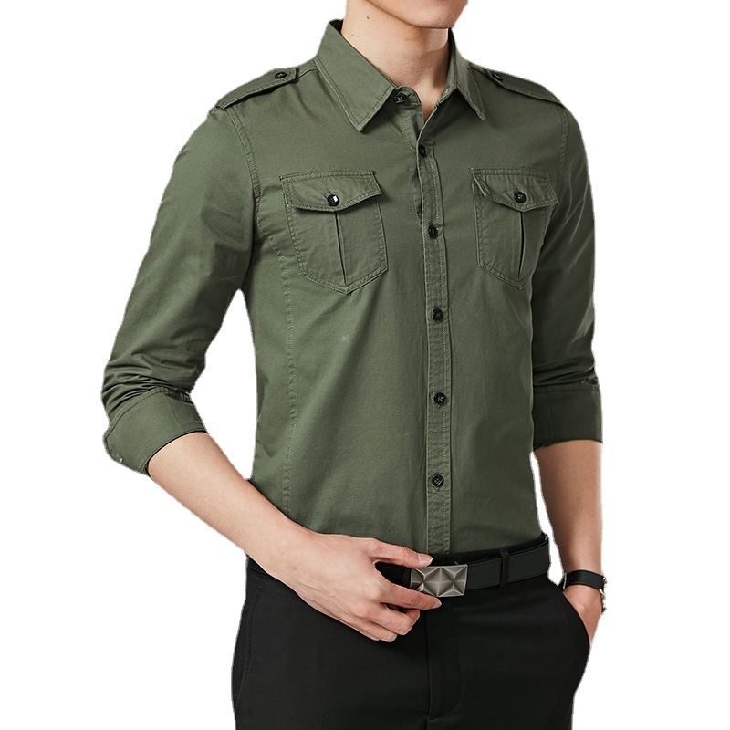 Military Style Men's Youth Long Sleeved Slim Fitting Workwear Shirt, Pure Cotton Breathable Strap Shoulder Badge, Multi Bag Shirt