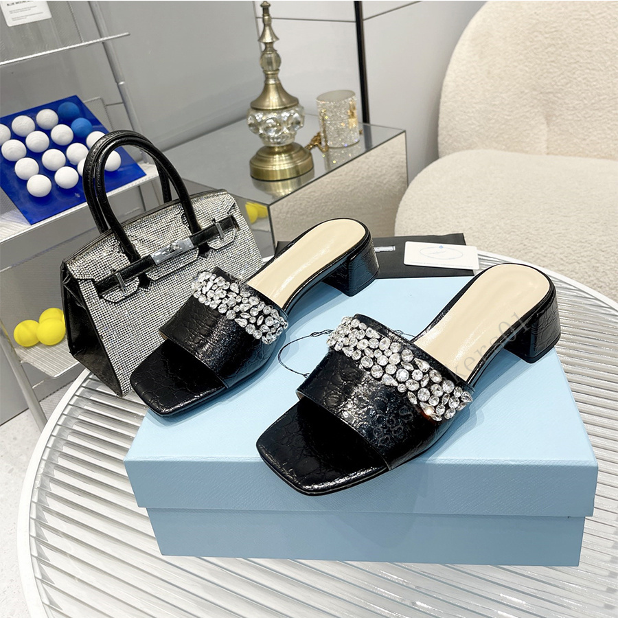 Diapositives de luxe chunky pantoufles plate-forme talons hauts sandales célèbre designer femmes plat plage été véritable cuir strass mode chaussures de fête mules C0109