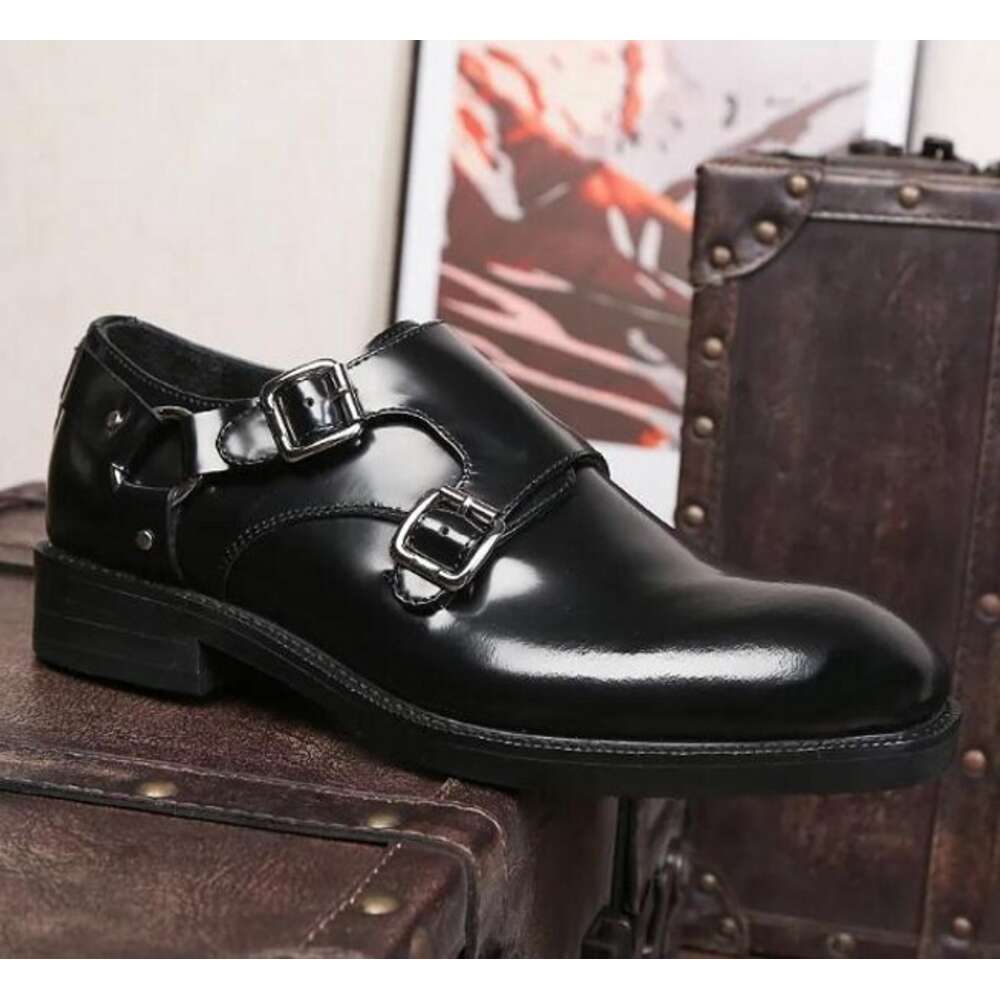 Zapatos de vestir de traje formal negro de cuero de grano completo Oxfords con correa de monje Zapatos planos de moda de metal de estilo británico para hombre