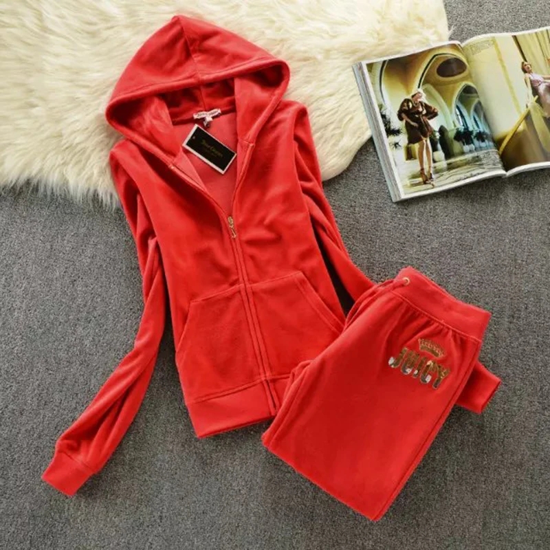 Vintage Juicy Casual Velvet Set Autumn Casual Tracksuit Long Sleeve Hoodie Sweatshirt With Sequins Women Tracksuit