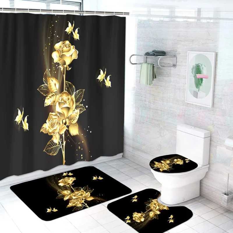 Shower Curtains Shiny Blue Golden Rose Waterproof Shower Curtain Set Toilet Cover Mat Nonslip Bath Rugs Bathroom Valentine's Day Christmas Decor
