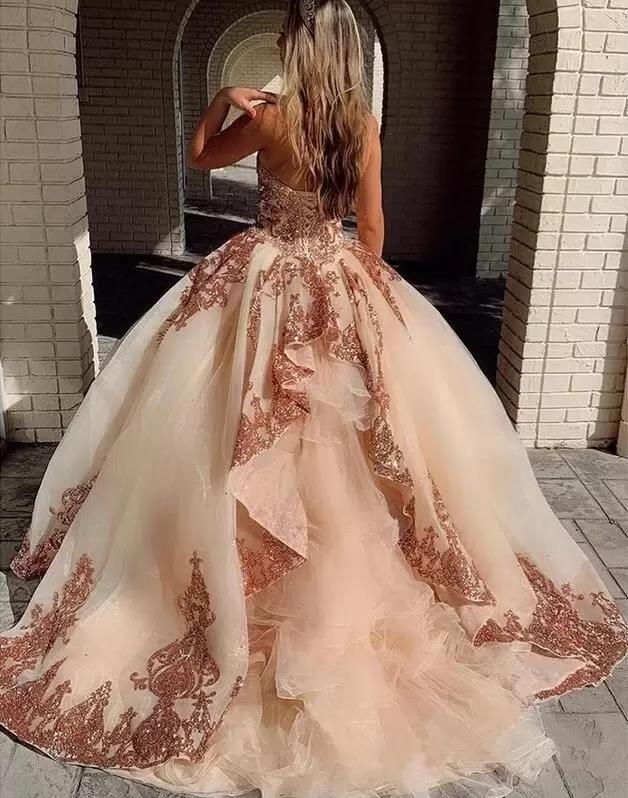 Lichtroze Prinses Baljurk Quinceanera Jurken Glinsterende Lovertjes Kant Sweetheart Sexy Sweet 16 Jurk Voor Meisjes Grote Maten Optocht Avond Formele Jurken CL1059