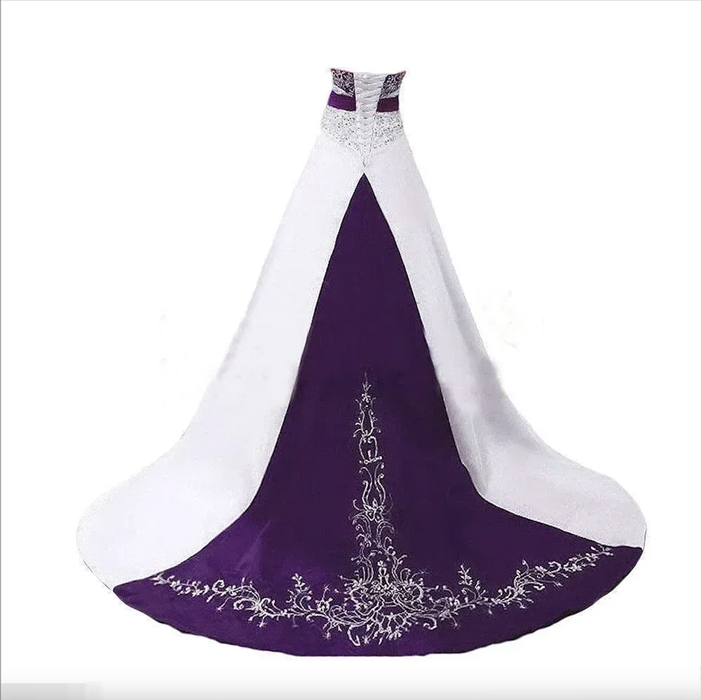 Vintage branco e roxo uma linha vestidos de casamento sem alças cetim frisado renda bordado varredura trem plus size vestidos de casamento com espartilho puls tamanho