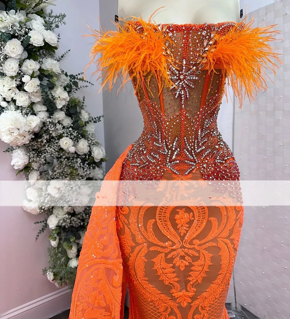 Sparkly Orange Lace Prom Dress Mermaid Off Shoulder Orange Beads Evening Gowns Long Party Dress vestidos de graduacion