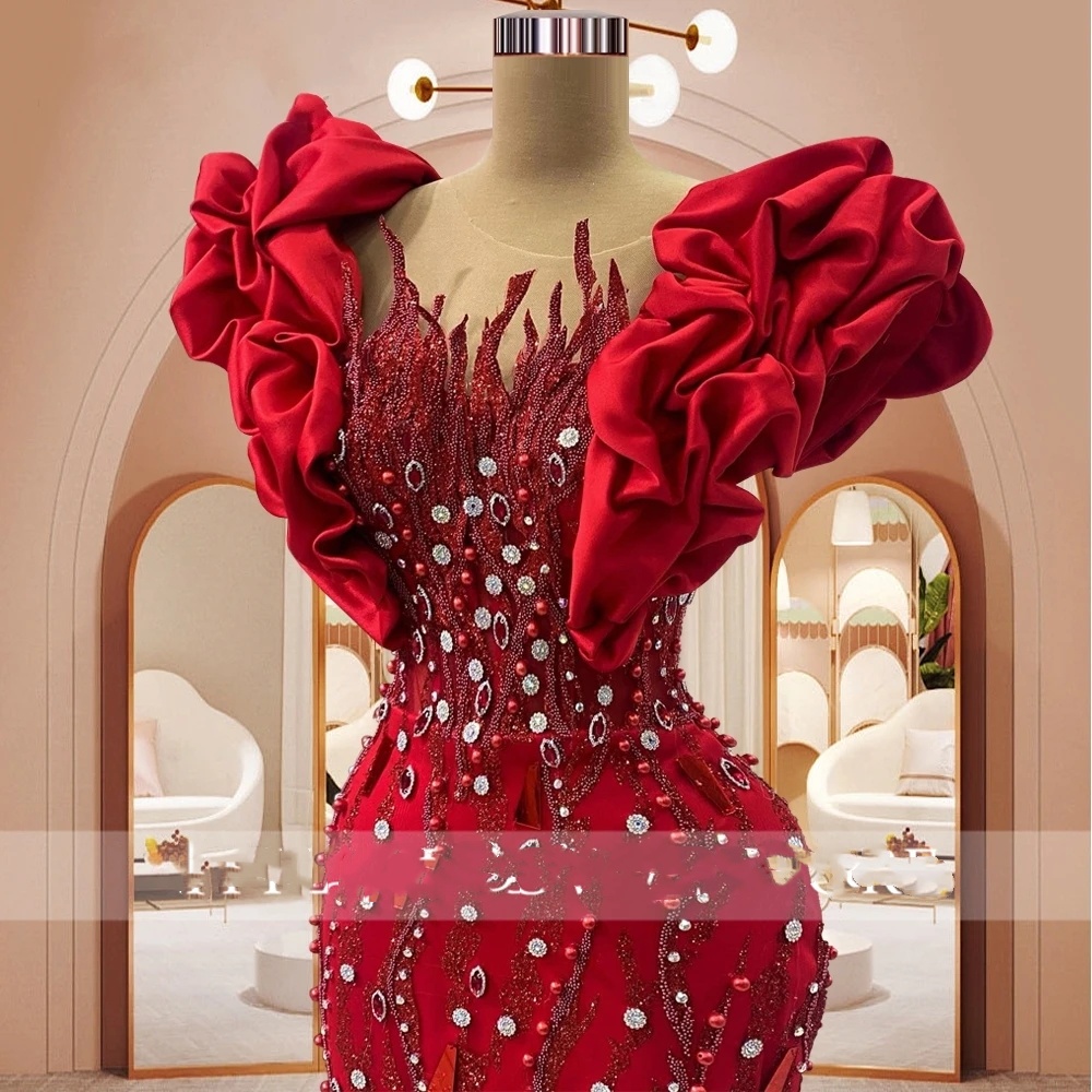 Luxury Red Sequins Formal Evening Dress 2024 Sheer Neck Plus Size Beaded Crystal Birthday Party Gowns Dubai Arab