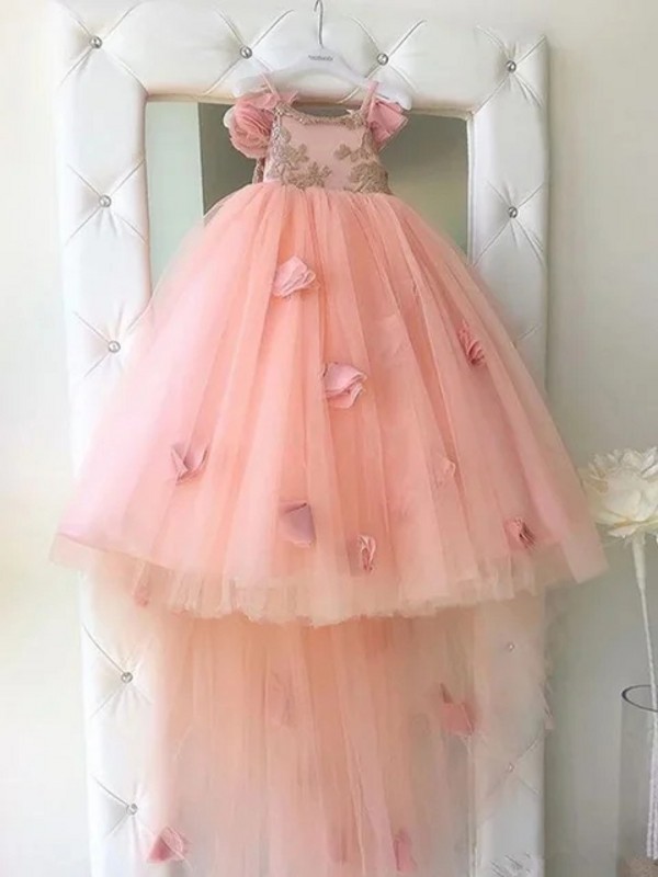 Ljusrosa tyllblomma flicka klänningar för bröllop spaghettirem 3D blommor prinsessan boll klänning liten flickas formella tillfälle födelsedag första nattvardsklänning cl3181