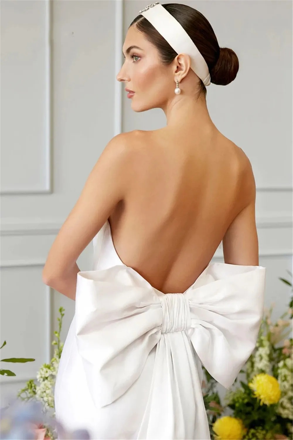 Elegant Sheath Women Wedding Dresses 2024 Big Bow Backless Strapless Simple Satin Pageant Bridal Growns Robe De Soiree YD